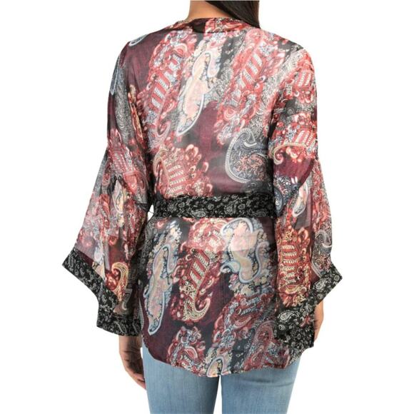 New Steve Madden Women's Boho Semi-sheer Paisley Print Belted Kimono Top - Picture 2 of 5